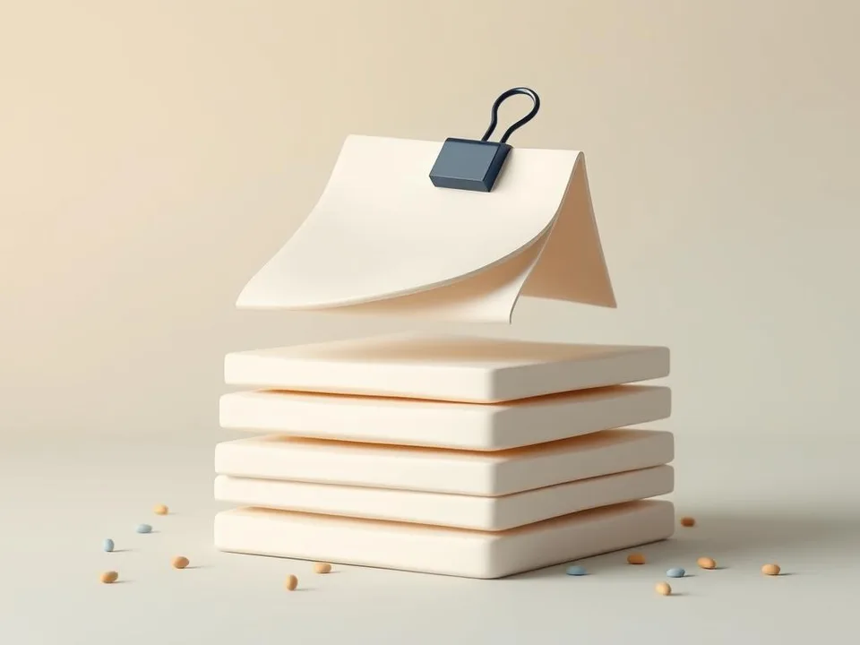 A stack of clay pages with a navy paperclip, top page lifting
