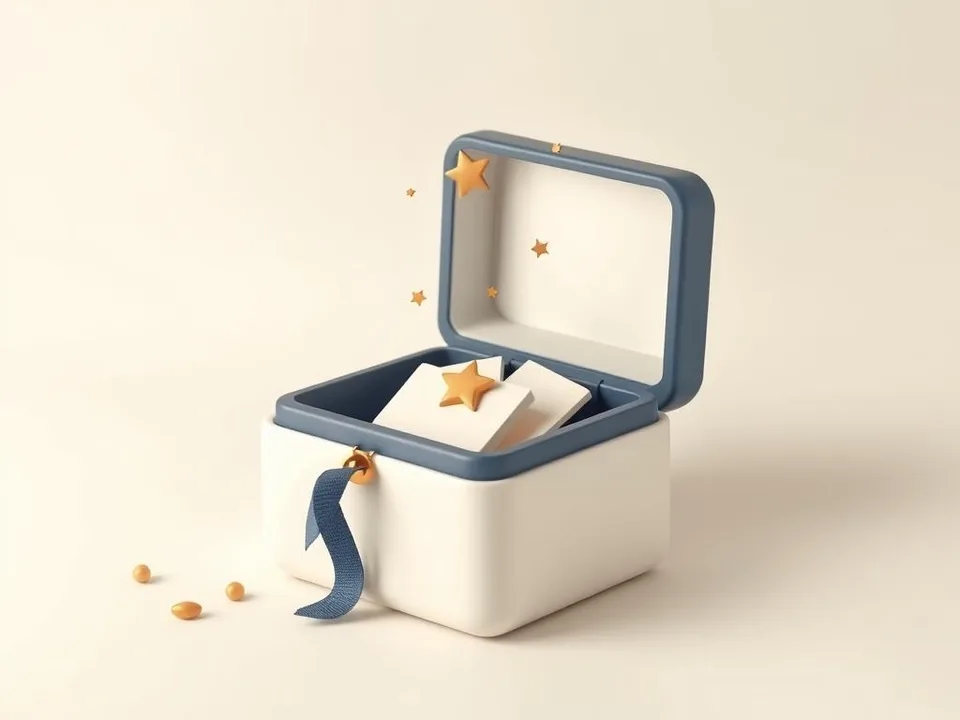 A cream keepsake box with notes and a gold star drifting out