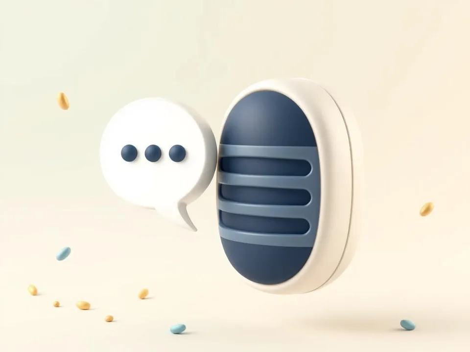 A clay microphone beside a chat bubble with three navy dots
