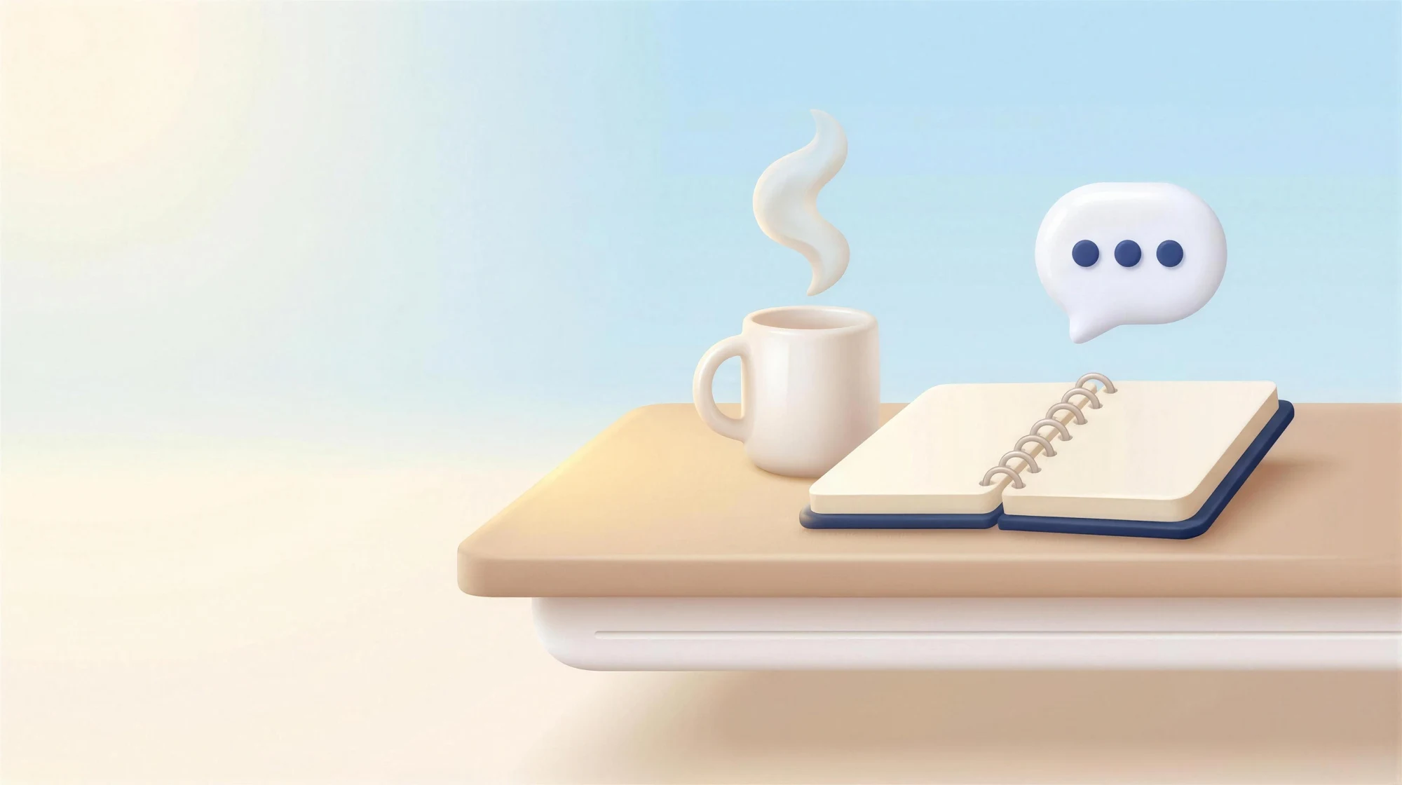 A calm morning desk with an open notebook and a message waiting nearby.